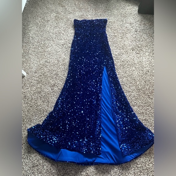 PROM DRESS- blue, strapless, sequin - Picture 2 of 3